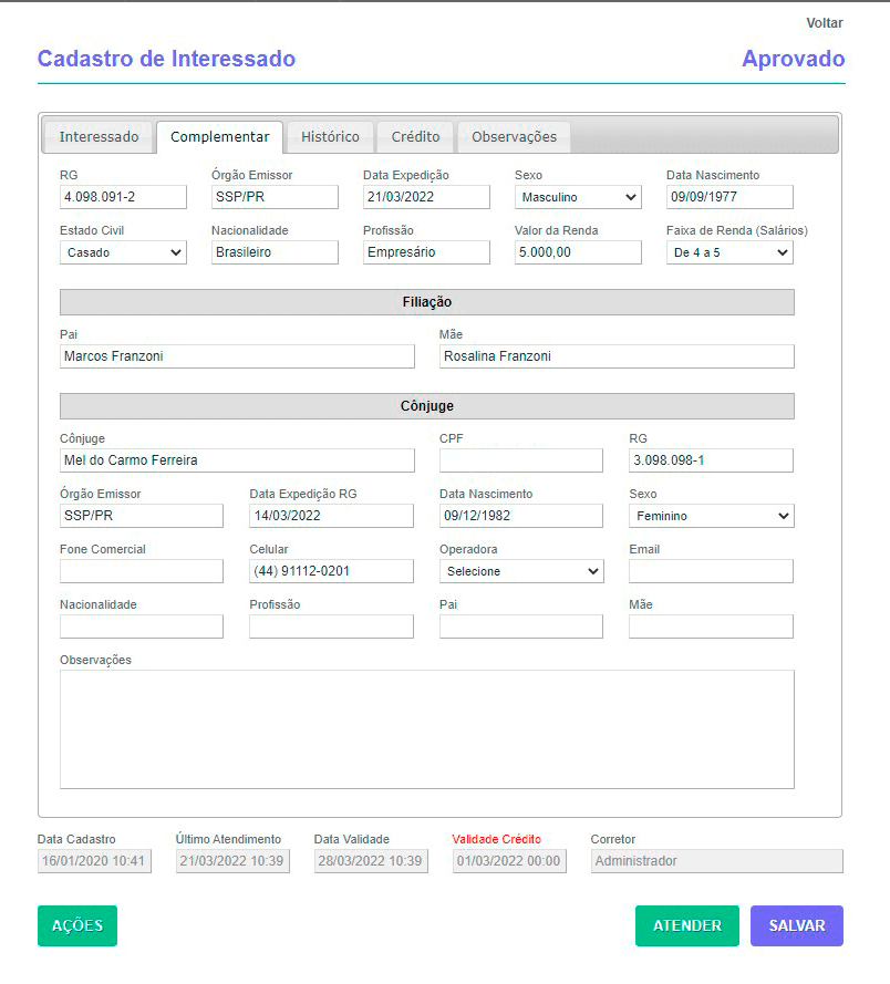 Tela: Cadastro de interessados Tela: Cadastro de interessados