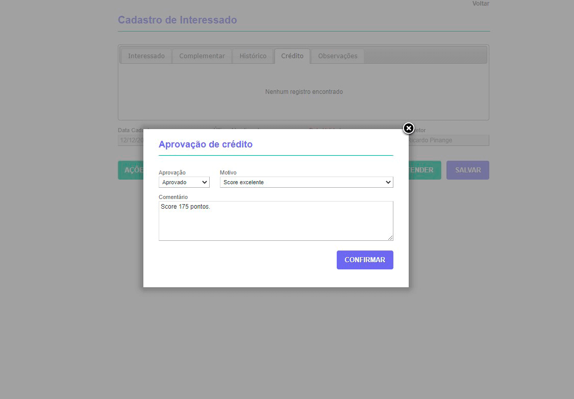 Tela: Aprovação de crédito Tela: Aprovação de crédito