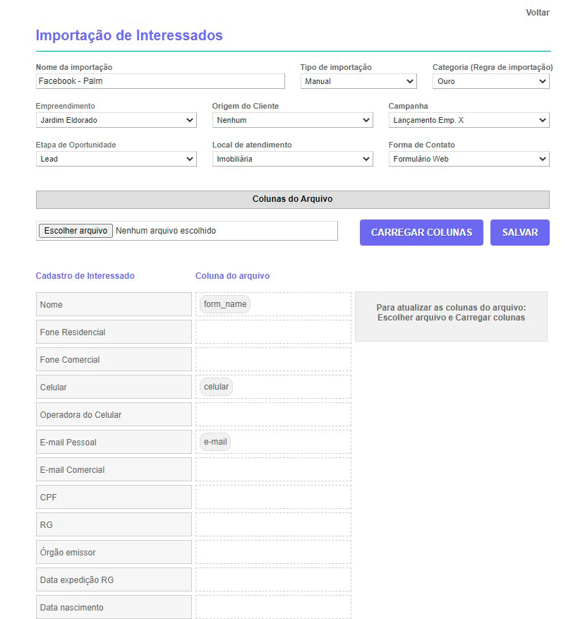 Tela: Integração de leads Tela: Integração de leads