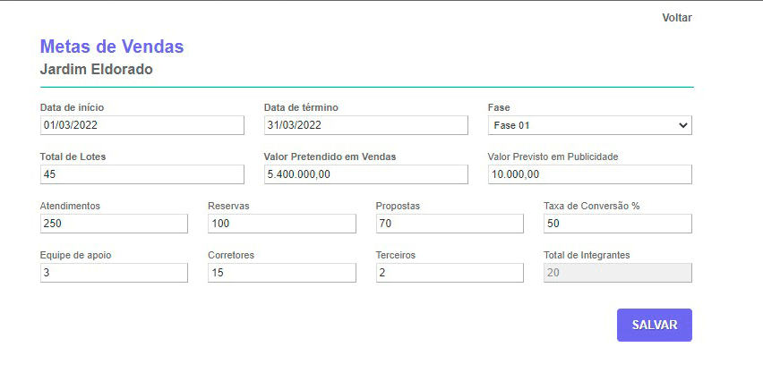 Tela: Metas de vendas Tela: Metas de vendas