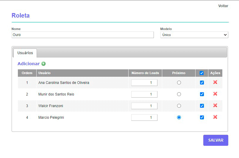 Tela: Roleta de leads Tela: Roleta de leads