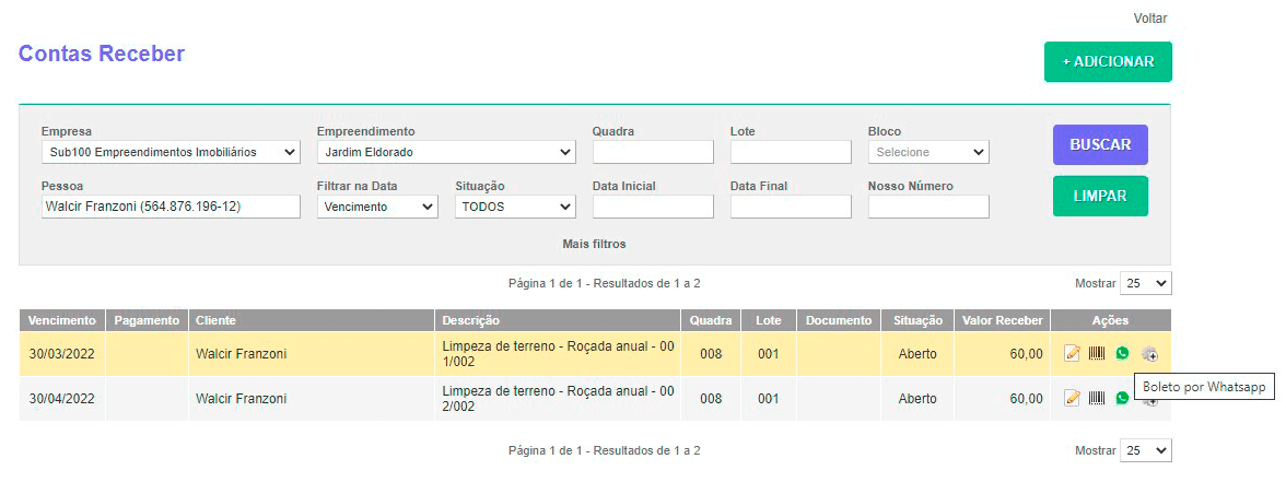 Tela: Contas a Receber Tela: Contas a Receber