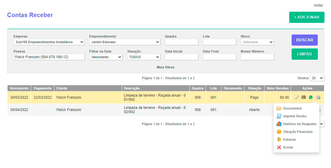 Tela: Contas a Receber Tela: Contas a Receber