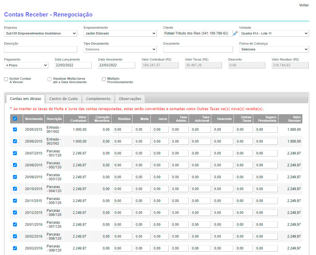 Tela: Renegociações Tela: Renegociações
