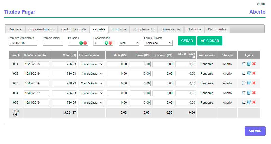 Tela: Títulos a Pagar Tela: Títulos a Pagar