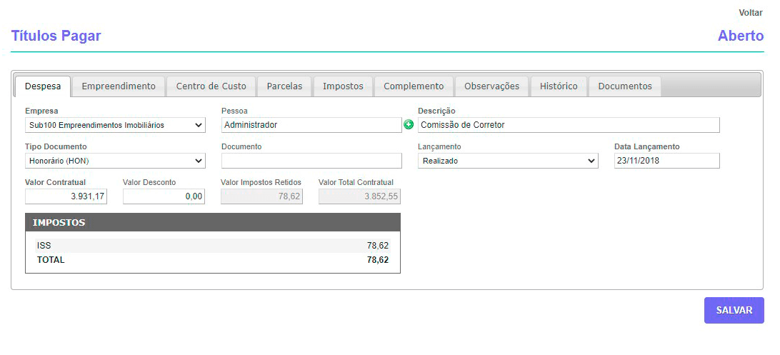 Tela: Títulos a Pagar Tela: Títulos a Pagar