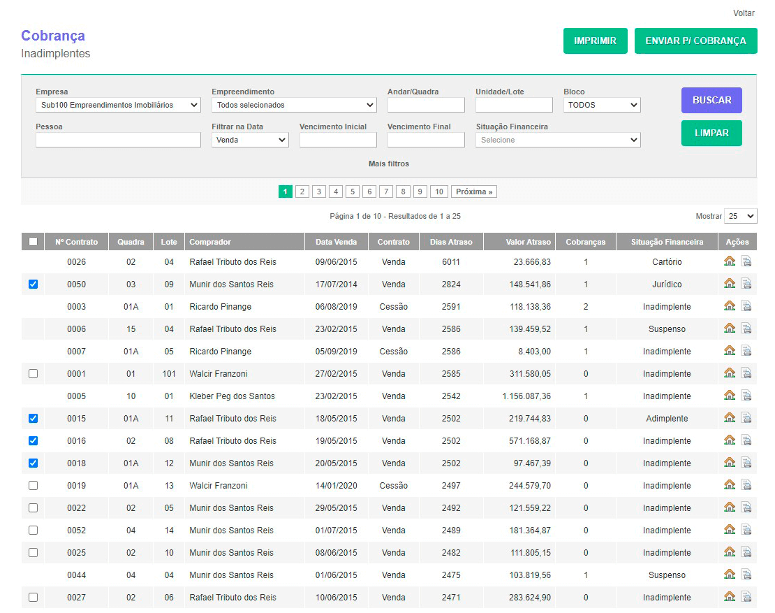 Tela: Controle de cobrança
