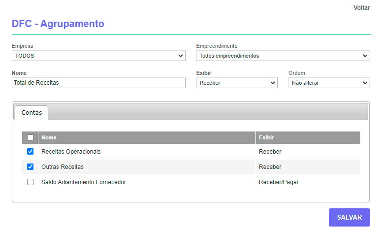 Tela: Estruturação DFC Tela: Estruturação DFC