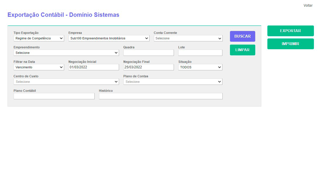 Tela: Integração Contábil Tela: Integração Contábil
