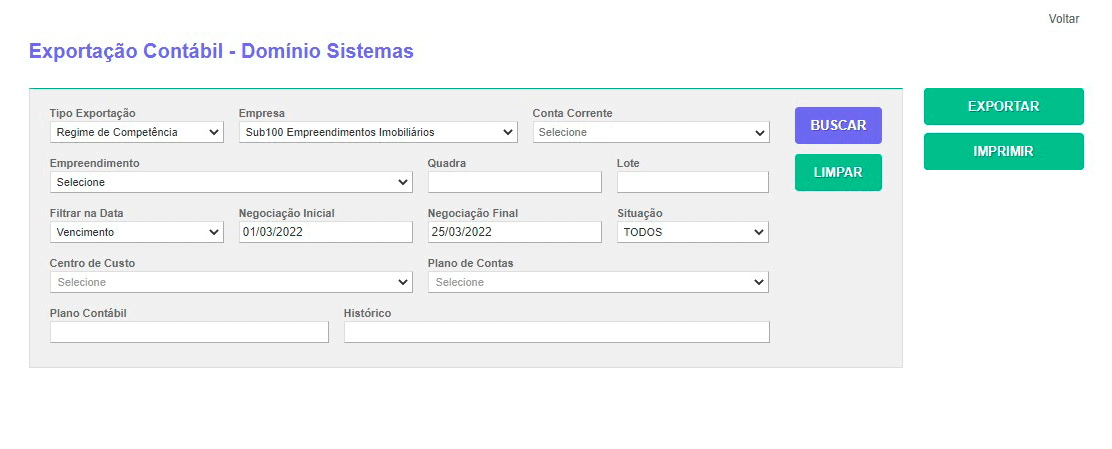 Tela: Integração Contábil Tela: Integração Contábil