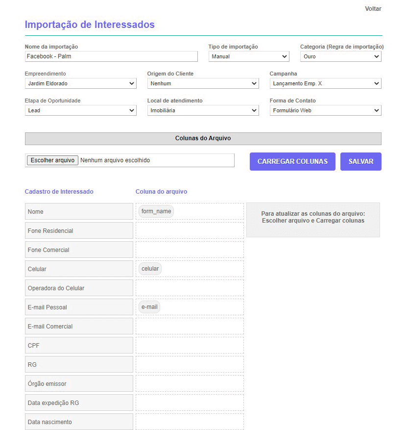Tela: Integração de leads Tela: Integração de leads