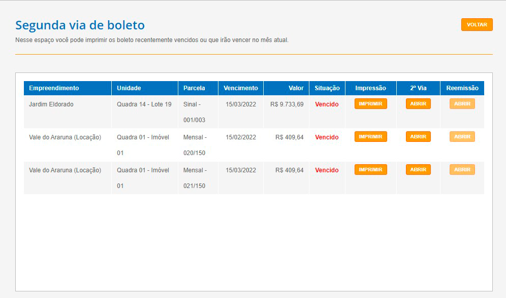 Tela: 2ª via de Boleto