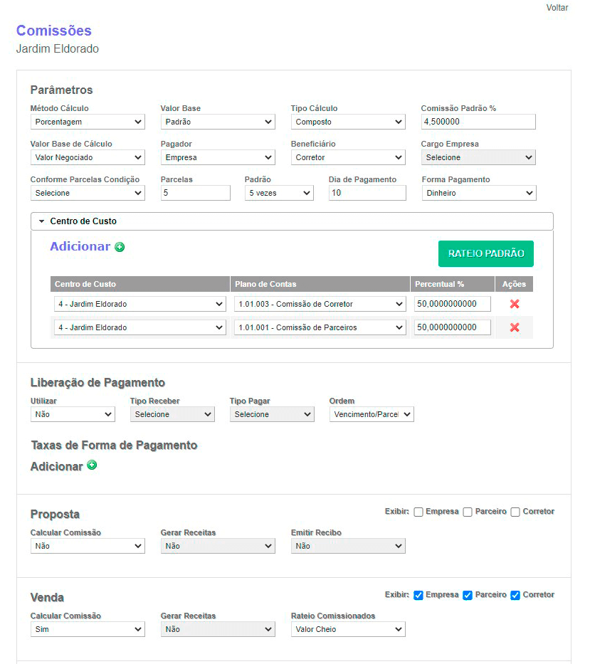 Tela: Gestão de comissões Tela: Gestão de comissões