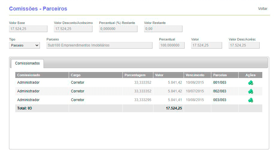 Tela: Gestão de comissões Tela: Gestão de comissões