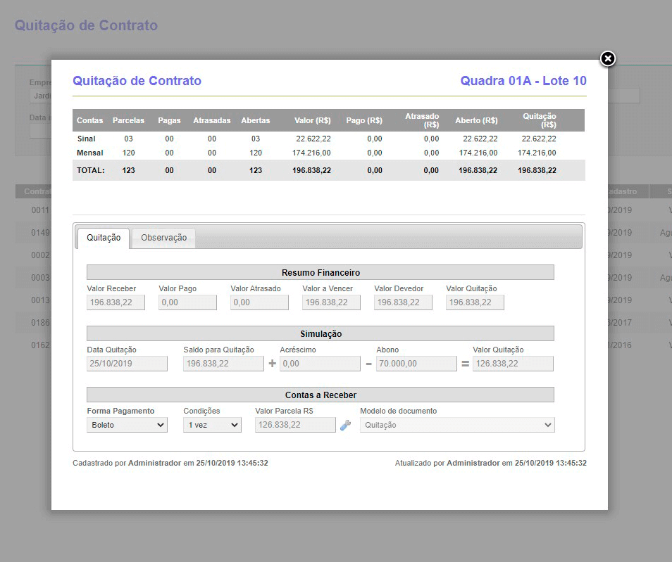 Tela: Tela: Quitação de Contrato Tela: Quitação de Contrato