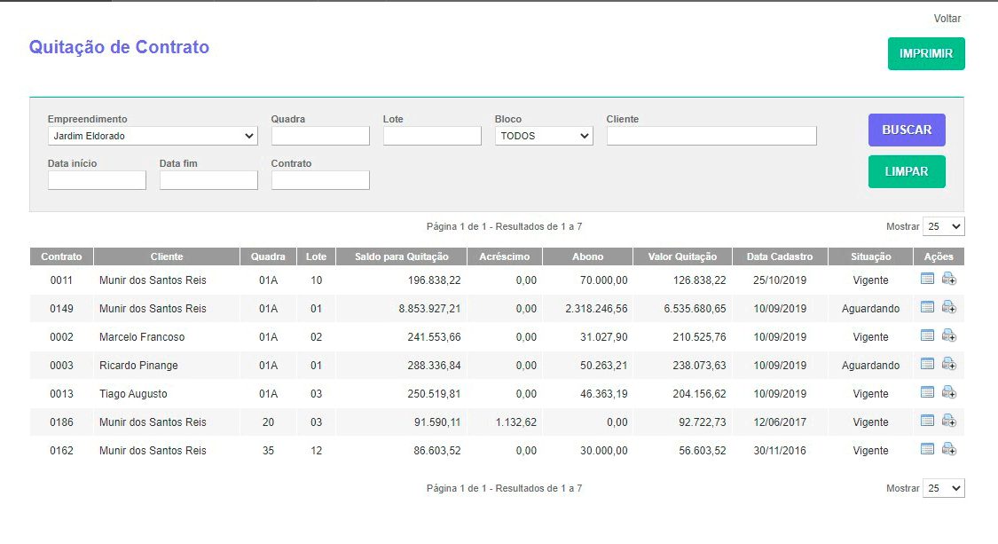 Tela: Tela: Quitação de Contrato Tela: Quitação de Contrato